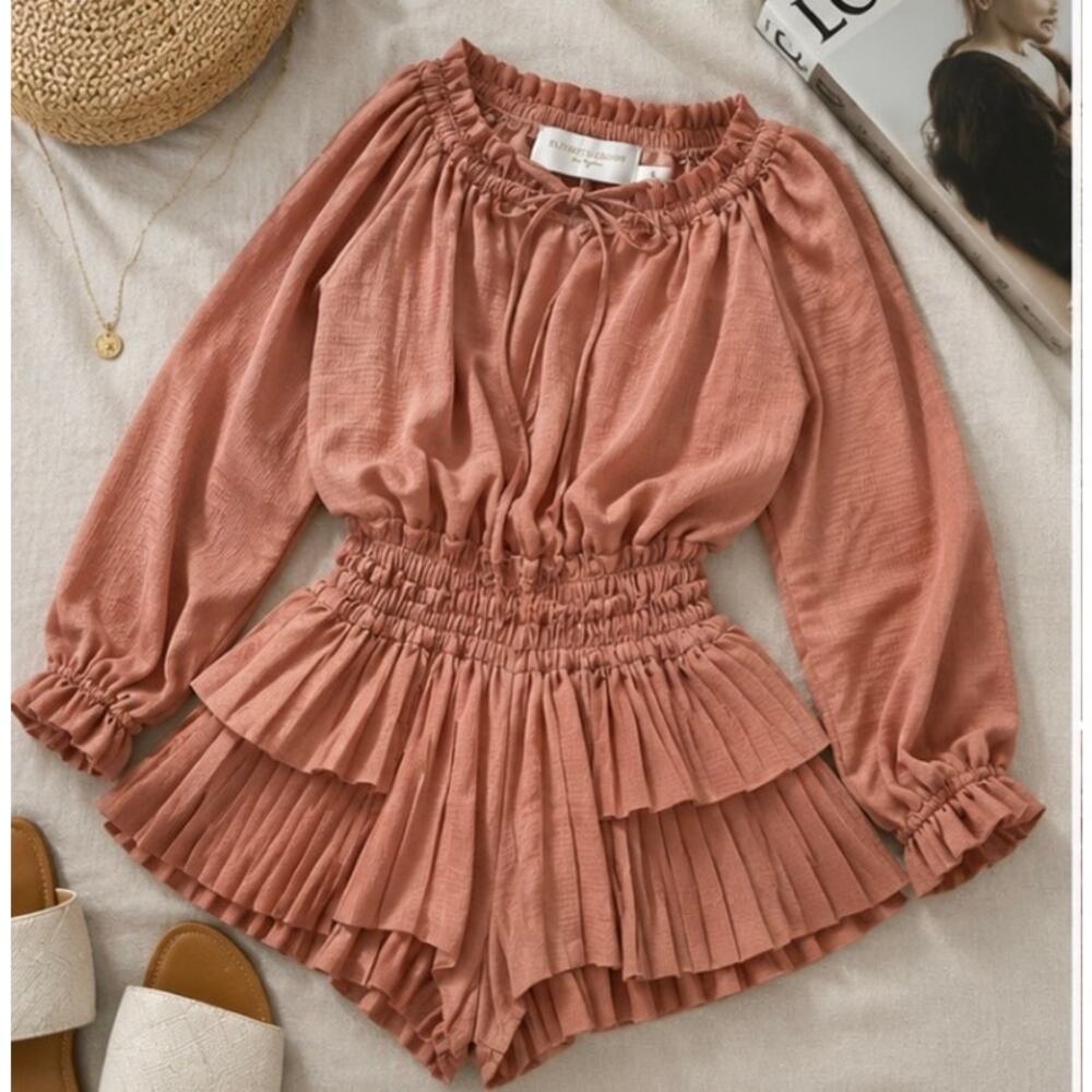 Elizabeth Crosby Los Angeles Dusty Rose Pleated Ruffle Romper Boho Festival Sz S